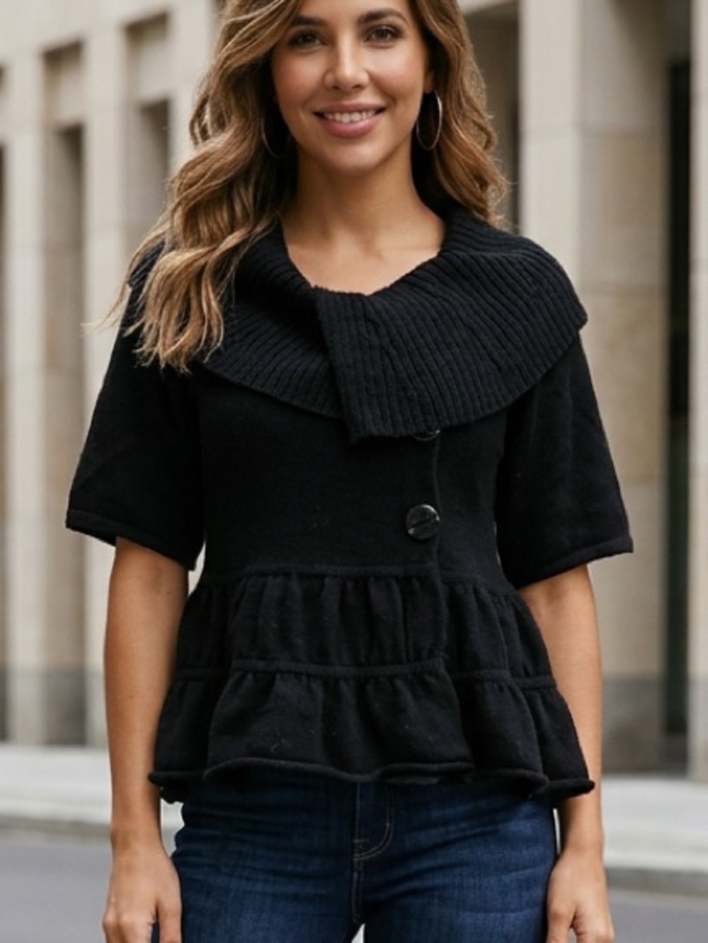 TIBI cute black short sleeved merino wool sweater with peplum, oversized collar